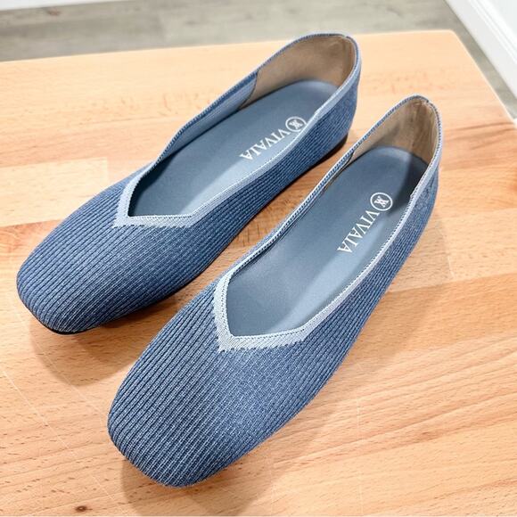 Vivaia Square Toe V Cut Flats Denim Knit Blue size 42 10.5 - Picture 3 of 6